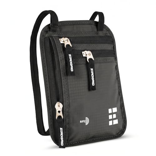 Zero Grid RFID Travel Neck Wallet, Large Passport Holder, Dark Grey - color: Dark Grey, size: Solo/Couple