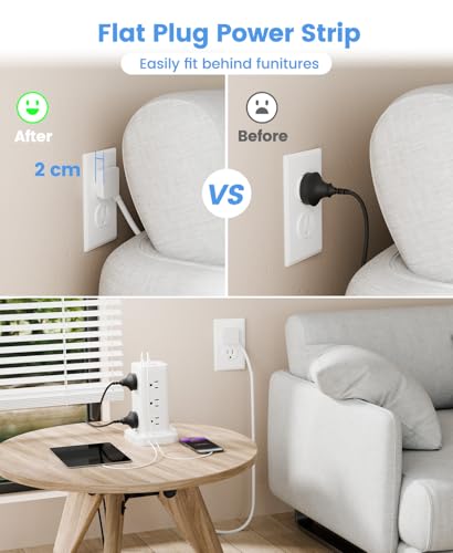 12AC 3USB Power Strip Tower Surge Protector 1800J, 8ft, White, 1 - color: White, size: 8ft
