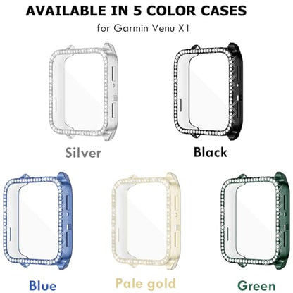 RICHONE [5 Pack] Bling Screen Protector Compatible with Venu X1 GPS Smartwatch Case, Full Protective Cover for Garmin Venu X1 Flexible TPU Rhinestone Screen Bumper (Gold,Green,Blue,Black,Silver)