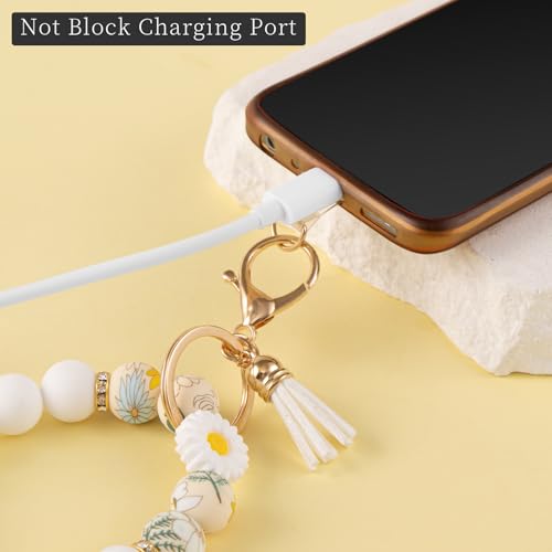 Silicone Beaded Phone Wrist Strap, Phone Wristlet Strap with Tether Tab, Elastic Hands-Free Daisy Wristlet Bracelet(White) - color: Daisy White