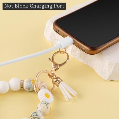 Silicone Beaded Phone Wrist Strap, Phone Wristlet Strap with Tether Tab, Elastic Hands-Free Daisy Wristlet Bracelet(White) - color: Daisy White