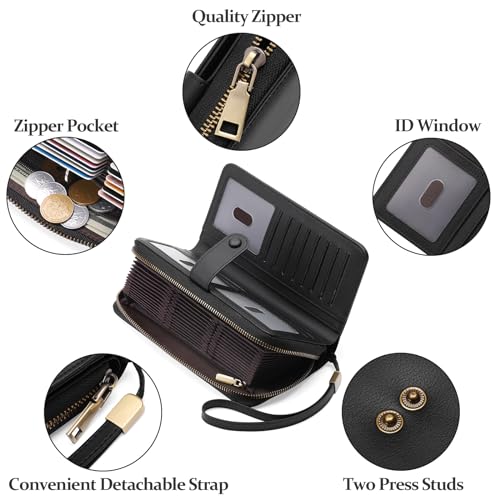 GAEKEAO Leather Credit Card Holder Wallet for Women RFID Blocking Large Capacity Bifold Zipper Card Case Organizer with Wristlet 45 Slots - color: Black02