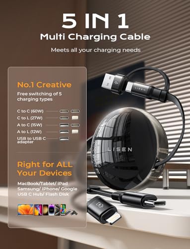 LISEN 5-in-1 Fast Charging Retractable Cable for iPhone, iPad, Samsung - 60W Charger with USB-C/A Ports for Phones, Tablets, Black - color: Black