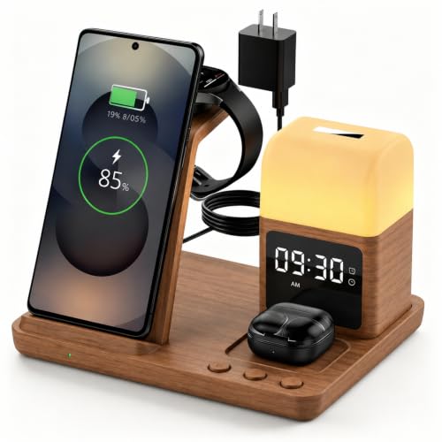 Wireless Charger for Samsung Charging Station with Digital Clock-Alarm - color: Walnut