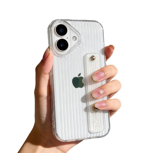 Case for 6.3" iPhone 17 with Finger Wrist Strap Kickstand, Soft Clear TPU Shockproof Bumper Protective Cover, Adjustable Hand Grip Loop for iPhone 17 6.3 Inch 2025, Crystal Clear - color: Crystal Clear (corrugated stripe pattern), size: iPhone 17 6.3"