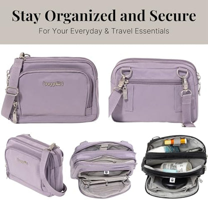 Baggallini Triple Zip with Front Wallet/Trifecta RFID Wallet Crossbody - color: Lilac