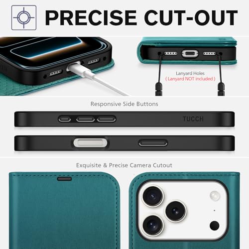TUCCH Case Wallet for iPhone 17 Pro 6.3", RFID Blocking Folio, Bluish Green | 4 Card Holders, Kickstand, PU Leather, Magnetic Closure, Shockproof TPU Shell, Protective Flip Cover - color: Bluish Green