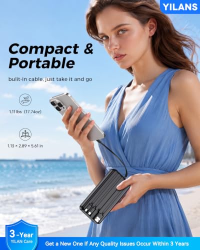 YILANS Portable Charger 50000mAh, 22.5W Power Bank with Built-in 4 Cables - color: Black