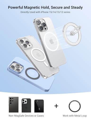 YINHEXI Magnetic Phone Grip for Magsafe, Glittering Ring Holder Stand with 360°Rotation & 90°Flip, Mag Safe Accessory for iPhone 16, 15, 14, 13, 12 (Silver-MS-01) - color: Silver-MS-01