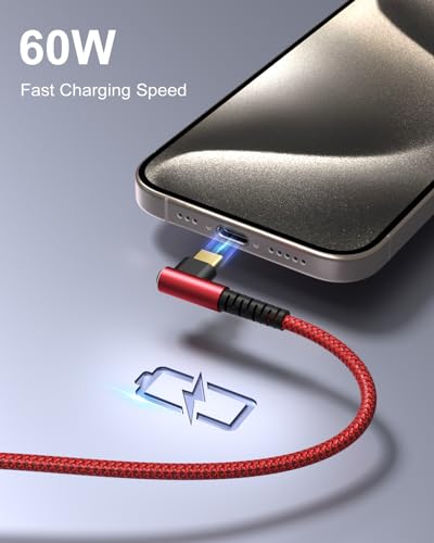 USB C to USB C Cable 10ft, Right Angle 60W/3A Ultra Long - color: Red Red