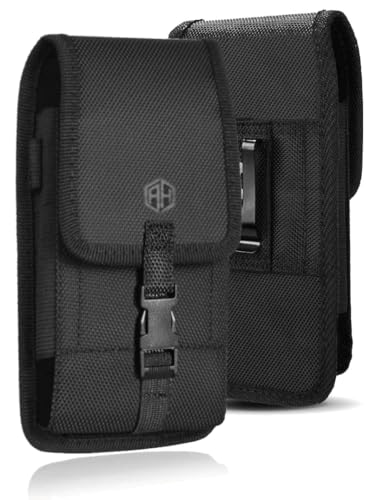 AH Military Grade Nylon Cell Phone Belt Holder for Men Android Pouch Carrying Clip for 17 16 15 14 13 12 11 & Pro Models, Samsung Galaxy S20 S21 S22 S23 S24 S25 fits with Thick Case - size: Medium (6.2 X 3.5 X 0.75 in)