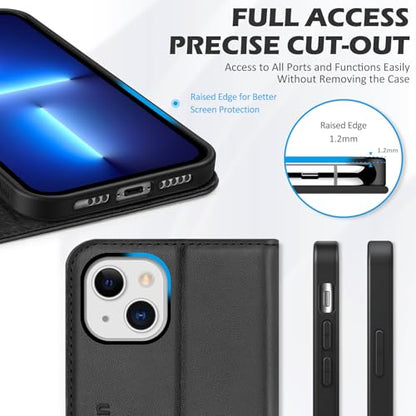 SHIELDON Genuine Leather Folio Wallet Case for iPhone 13 6.1" 2021, Black | Magnetic Closure, RFID Blocking, Credit Card Holder, Kickstand, Book Design, Shockproof Phone Cover - color: Black