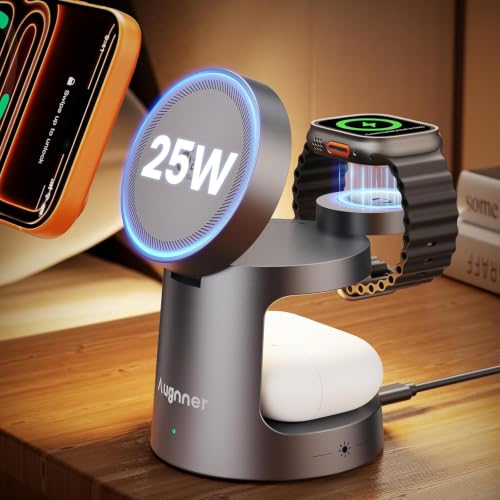 Qi2.2 25W 3 in 1 Charging Station for Apple Compatible with MagSafe Foldable Wireless Charger, Magnetic Charger with Night Light for iPhone 18/17/16/15/14/13/12, Apple Watch & AirPods (Dark Grey) - color: Bronze grey