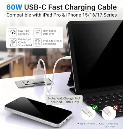 3-Pack USB-C to USB-C Fast Charging Cable for iPhone 17, 16,15 – White - color: White 3ft-6ft-10ft