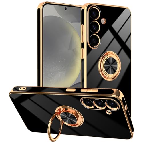 Black Designed for Samsung Galaxy S25 Plus Case with Ring Stand | Support Magnetic Car Mount, 360° Rotatable Finger Holder, Soft TPU Cover Plating Edge, Protective Slim Kickstand Phone Case - color: Black, size: 6.7'' S25 Plus