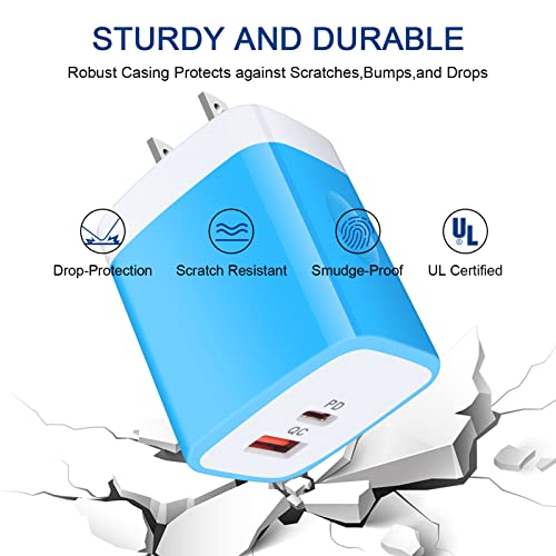 USB C Wall Charger, 2-Ports 20W USB A and USB C Charger Block [PD/QC 3.0] - color: rose-red,blue,purple