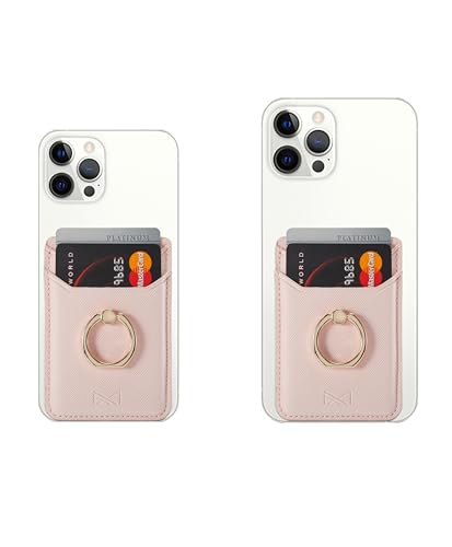 Card Holder Sleeve with Ring for Girl, RFID Credit Wallet PU Leather Stick On Back Grip for iPhone Samsung Smartphone - Pink - color: Pink