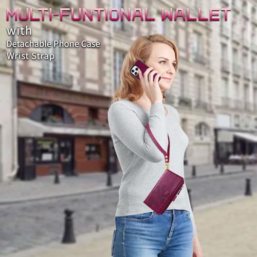 for iPhone 16e/17e Case Wallet,Compatible with MagSafe Magnetic 2 in 1 Magnetic Detachable PU Leather RFID Blocking Wallet Cover Card Holder Zipper Wrist Strap Lanyard,Floral Wine Red - color: Wine Red