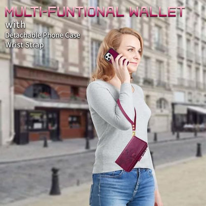 for iPhone 16e/17e Case Wallet,Compatible with MagSafe Magnetic 2 in 1 Magnetic Detachable PU Leather RFID Blocking Wallet Cover Card Holder Zipper Wrist Strap Lanyard,Floral Wine Red - color: Wine Red