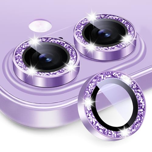 2X2 Pack Glitter Camera Lens Protector for iPhone 17,iPhone17 Lens Tempered Glass Screen Protector Bling Camera Cover Metal Individual Ring Women for iPhone-17 5G 2025,Glitter Purple