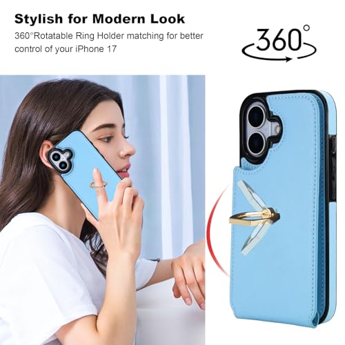 Folosu for iPhone 17 Case Wallet with Card Holder,Finger Ring Cover Blue - color: Blue