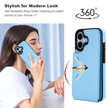 Folosu for iPhone 17 Case Wallet with Card Holder,Finger Ring Cover Blue - color: Blue