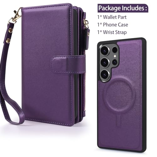 Magnetic Case for Galaxy S25 Ultra Wallet Compatible with Magsafe RFID Blocking Card Holder Detachable Phone Cover Kickstand Snap Strap Zipper Pocket PU Leather (Purple) - color: Purple, size: Galaxy S25 Ultra