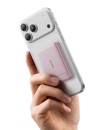 Baseus Picogo Power Bank, Smallest Qi2 Certified 15W MagSafe Portable Charger, 0.5" Ultra Slim 5000mAh Magnetic Battery Pack with Stand, Alloy Wireless Charger for iPhone 17 Pro Max/17 Air/16 Series - color: Nebula Pink