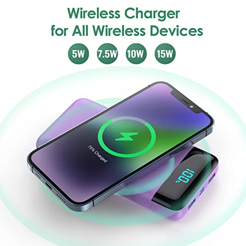 Wireless Portable Charger 30,800mAh,15W Wireless Charging USB C Power Bank,25W PD QC 4.0 Fast Charging 4 Outputs Travel Essentials Battery Pack Compatible with iPhone 17/16/15/14,Galaxy,Android-Purple - color: Purple