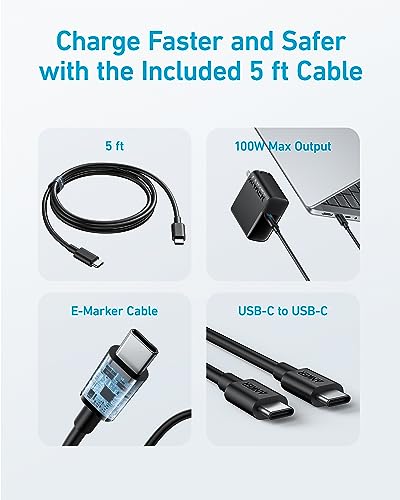 Anker Laptop Charger, Compact Foldable 100W USB C Charger with 5FT Cable - color: Black