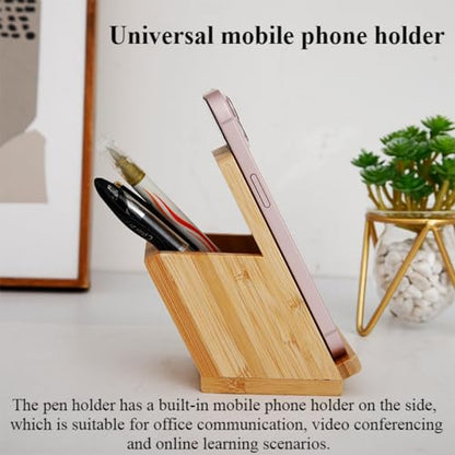 Bamboo Wood Pen Holder & 15W Dual-Coil Wireless Charger – Solid Bamboo Desk Organizer with Phone Stand, Eco-Friendly Office & Study Accessory for Students & Professionals