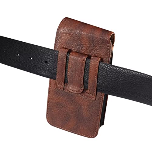 Cell Phone Belt Clip Holster Leather Men, Cell Phone Waist Bag with Card Holder, Vertical Leather Smartphone Pouch with Belt Loop Carry Case Travel Outdoor Camping Phone Belt Holder Wallet Fanny Pack - color: Brown, size: 6.9 INCH