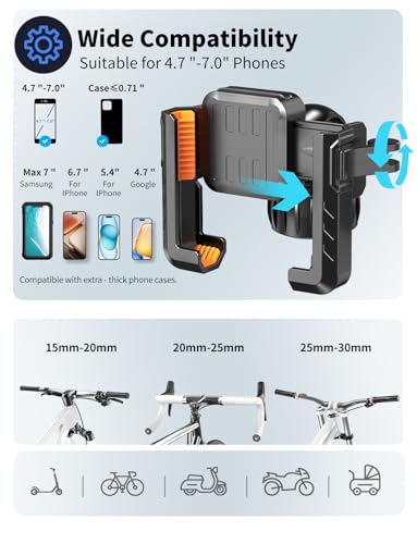 Motorcycle Phone Mount, [No Block Camera] [Anti-Shake Design] Bike Phone Holder, [Silicone Wrapped] Handlebar Cell Phone Mount for Bike/Scooter/ATV, Fits iPhone 17/16/15/14/13 Pro Max & 4.7"-7" Phones