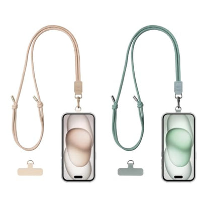EKAX 2 Pack Crossbody & Neck Phone Strap, Customizable Neck Strap with 0.5mm Removable Phone Tab, Hands-Free Holder for Phones, Earphones, Badges & Keys (Sand Beige+Morning Green) - color: Sand Beige+morning Green