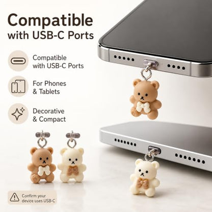 2Pcs USB C Dust Plug with Bear Pendant, Phone Charging Port Protector, Cute Cartoon Design
