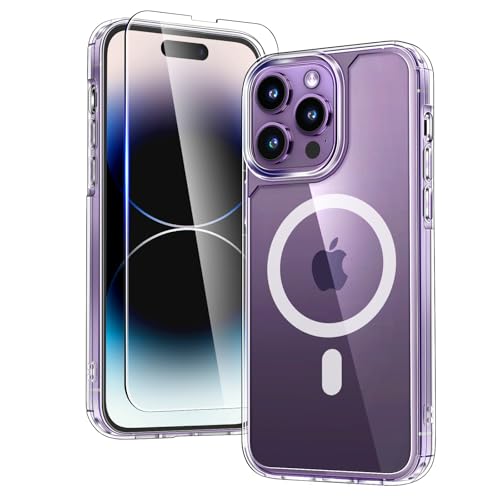 TAURI for iPhone 14 Pro Case, Compatible with MagSafe, Clear | with Screen Protector, Not-Yellowing Military-Grade Protection, Shockproof Slim Magnetic Case for iPhone 14 Pro - color: A-Magnetic Clear