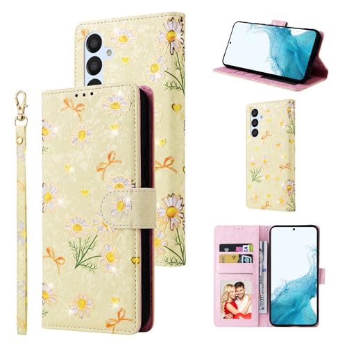 UEEBAI Wallet Case for Samsung Galaxy S23 Plus 5G, PU Leather Phone Case Kickstand RFID Blocking Flip Case Card Slots Wrist Strap Relief Engraved Pattern Magnetic Closure Folio Case - Yellow Daisy - color: Yellow Daisy, size: Samsung Galaxy S23 Plus 5G
