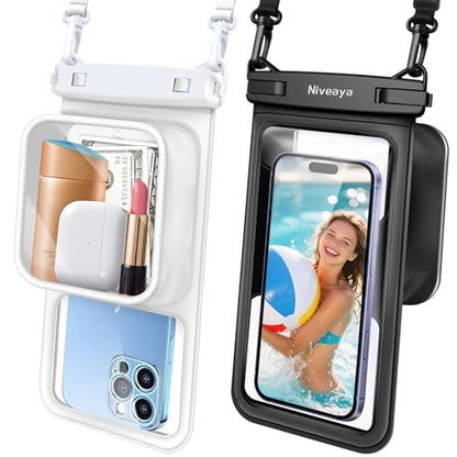 Niveaya [Floatable Floating Waterproof Phone Pouch 2 Pack-Up to 8.5", Large Space Adjustable Neck Lanyard Waterproof Phone Case, Phone Dry Bags for Vacation Beach Pool Kayak Cruise Travel Essentials - color: Black +White