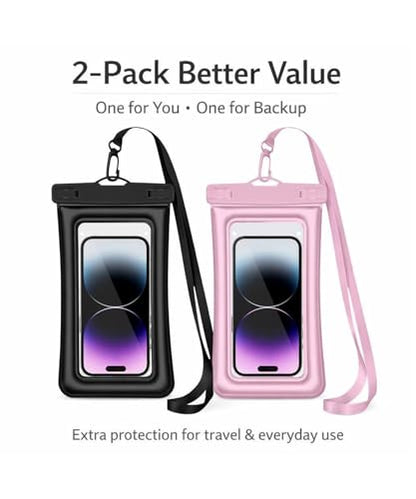 Floating Waterproof Phone Pouch (2-Pack), IPX8 Dry Bag with Built-in Airbag, Touch-Friendly Clear Case with Lanyard for Beach, Swimming, Kayaking & Cruise, Fits Phones up to 7.2" (Black-Pink) - color: Black-Pink
