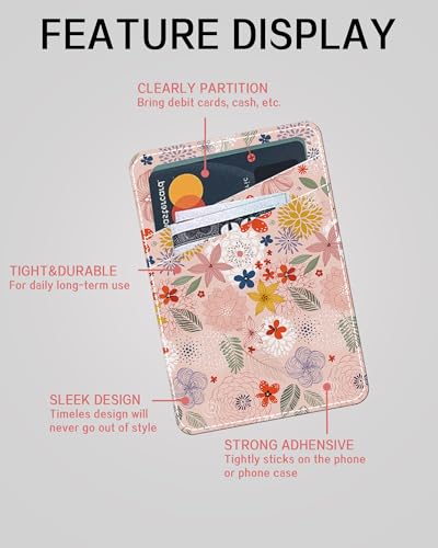 Phone Card Holder, Dual Pocket Leather Phone Wallet Adhesive Stick On, Cute Card Holder, Credit Card Holder for Phone Case Floral Pattern - color: Floral Pattern