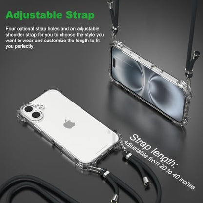 for iPhone 16 Plus Crystal Clear Case with Detachable Adjustable Crossbody Strap, Slim Fit Shockproof Protective Phone Case with Anti-Lost Shoulder Neck Lanyard 6.7" 2024 - size: iPhone 16 Plus