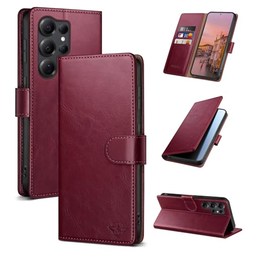 Wallet Case for Samsung Galaxy S25 Ultra, Wine Red | RFID-Blocking Card Holder, Kickstand, Magnetic Closure, PU Leather Folio Flip Cover, Protective Women Men Cases - color: Wine Red, size: Samsung Galaxy S25 Ultra