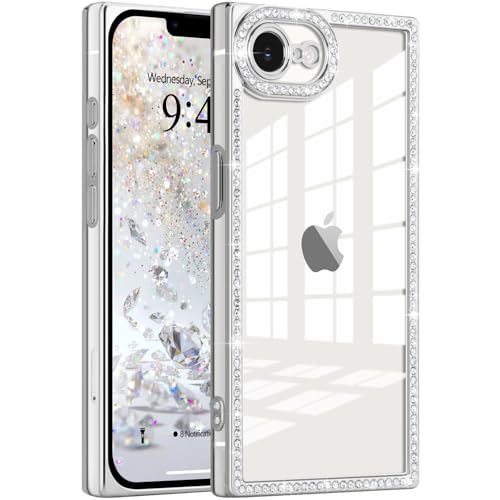 Clear Glitter Phone Case for iPhone 16e/17e Luxury Bling Diamond | Sparkly Rhinestones Soft TPU Plating Rectangle Edge Camera Protection Transparent Shockproof Cover for Women Girls, Silver - color: Silver, size: iPhone 16e/17e