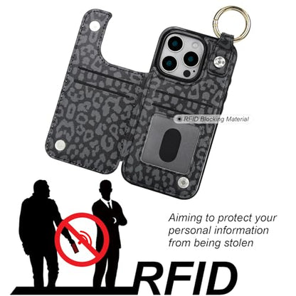 HAOPINSH for iPhone 16 Pro Wallet Case with Card Holder, Black Leopard Cheetah Print Back Flip Folio PU Leather Kickstand Card Slots Case, Finger Grip Ring Double Magnetic Clasp Shockproof 6.3" - color: Blue Florals Grip Ring