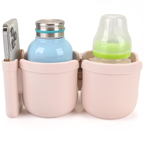 Accmor Stroller Cup Holder with Phone Holder, Bike Cup Holder, Universal Cup Holder for Uppababy Nuna Strollers, 2-in-1 Drinks Holder for Walker, Wheelchair, Scooter - color: Double Holder-All Crystal Pink