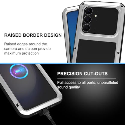 LOVE MEI Military Rugged Case for Samsung Galaxy S25 FE 5G, with Tempered Glass Screen Protector, Shockproof Dustproof Scratch Proof Hybrid Metal and Silicone Gel Heavy Duty Full Body Cover (Silver) - color: Silver