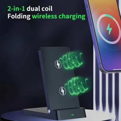 2 in 1 Dual Coil Magnetic Wireless Charger Stand Foldable Desktop Fast Charging Station for iPhone 17 16 15 14 13 12 for Airpods (Black)