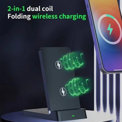 2 in 1 Dual Coil Magnetic Wireless Charger Stand Foldable Desktop Fast Charging Station for iPhone 17 16 15 14 13 12 for Airpods (Black)