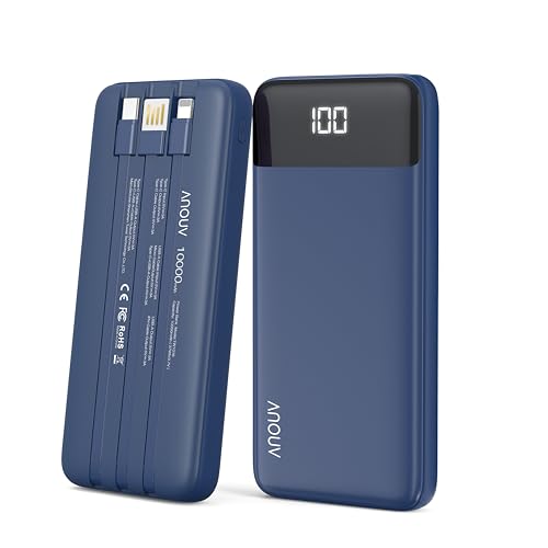 Portable Charger Power Bank w/Built-in Cables 10000mAh LED Display, Navy - color: Navy