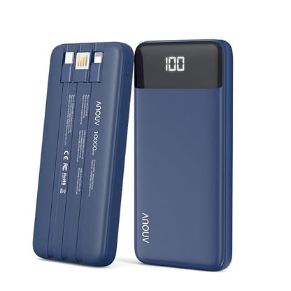 Portable Charger Power Bank w/Built-in Cables 10000mAh LED Display, Navy - color: Navy